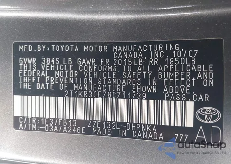 2008 Toyota Matrix Xr z USA, uszkodzony, nr VIN 2T1KR30E78C711739